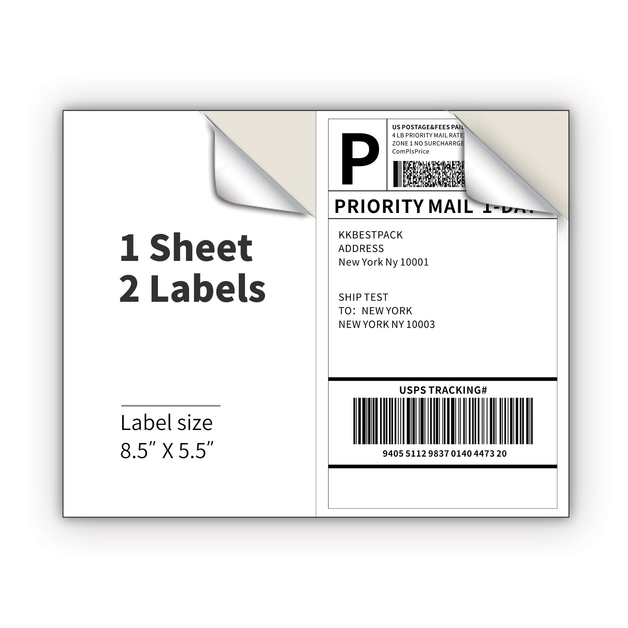 KKBESTPACK Half Sheet Shipping Labels for Laser and Inkjet Printers – 2 Per Page Self Adhesive Mailing Labels – White 8.5 x 5.5