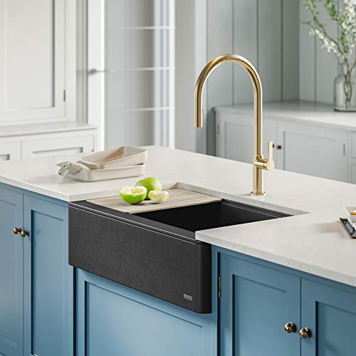 Kraus Bellucci Workstation 33-inch Quartz Composite Single Bowl Farmhouse Kitchen Sink in Metallic Black, KGF2-33MBL