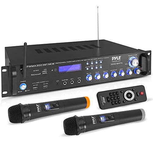  Pyle Bluetooth Home Audio Power Amplifier -4 Ch. 3000W, Stereo Receiver w/ Speaker Selector, FM Radio, USB, Headphone, 2 Wireless Mics for Karaoke, Great for Home Entertainment System -  PWMA3003BT.NEW...