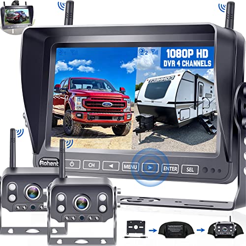 Rohent RV Backup Camera Wireless HD1080P 2 Cameras with 7 Inch Touch Key DVR Monitor Stable Digital Signals Rear View Camera System IP69K Waterproof Pigtail Wire Adapter for Furrion Pre-Wired RVs  R8